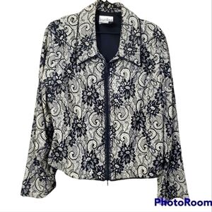 Joseph Ribkoff black cream floral paisley lace sequin zip front jacket*